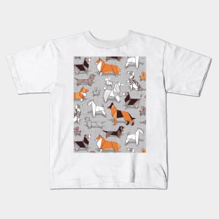 Origami doggie friends // pattern // grey linen texture background Kids T-Shirt